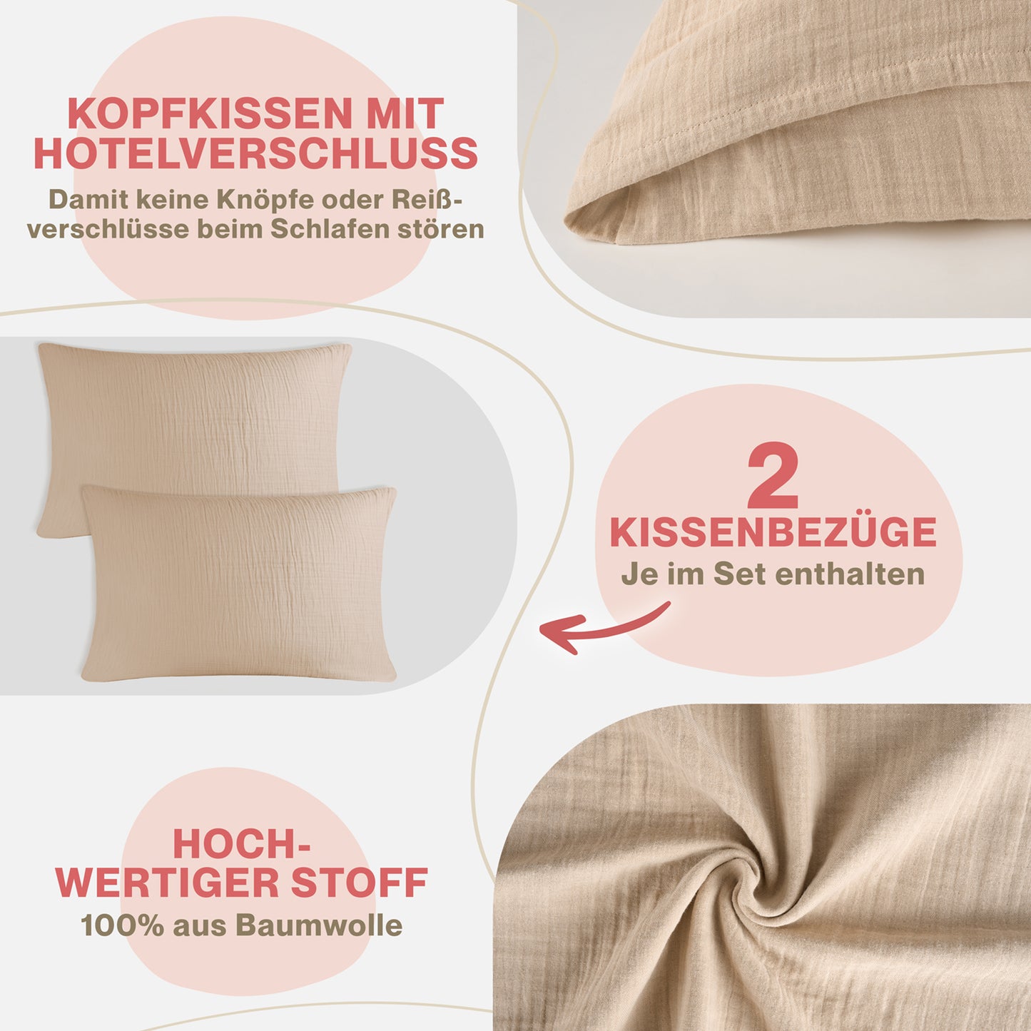 MUSSELIN KISSENBEZUG 2er Set aus 100% Baumwolle - Atmungsaktiv Extra Weich