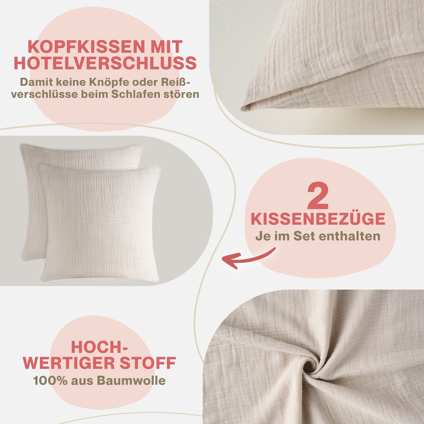 MUSSELIN KISSENBEZUG 2er Set aus 100% Baumwolle - Atmungsaktiv Extra Weich