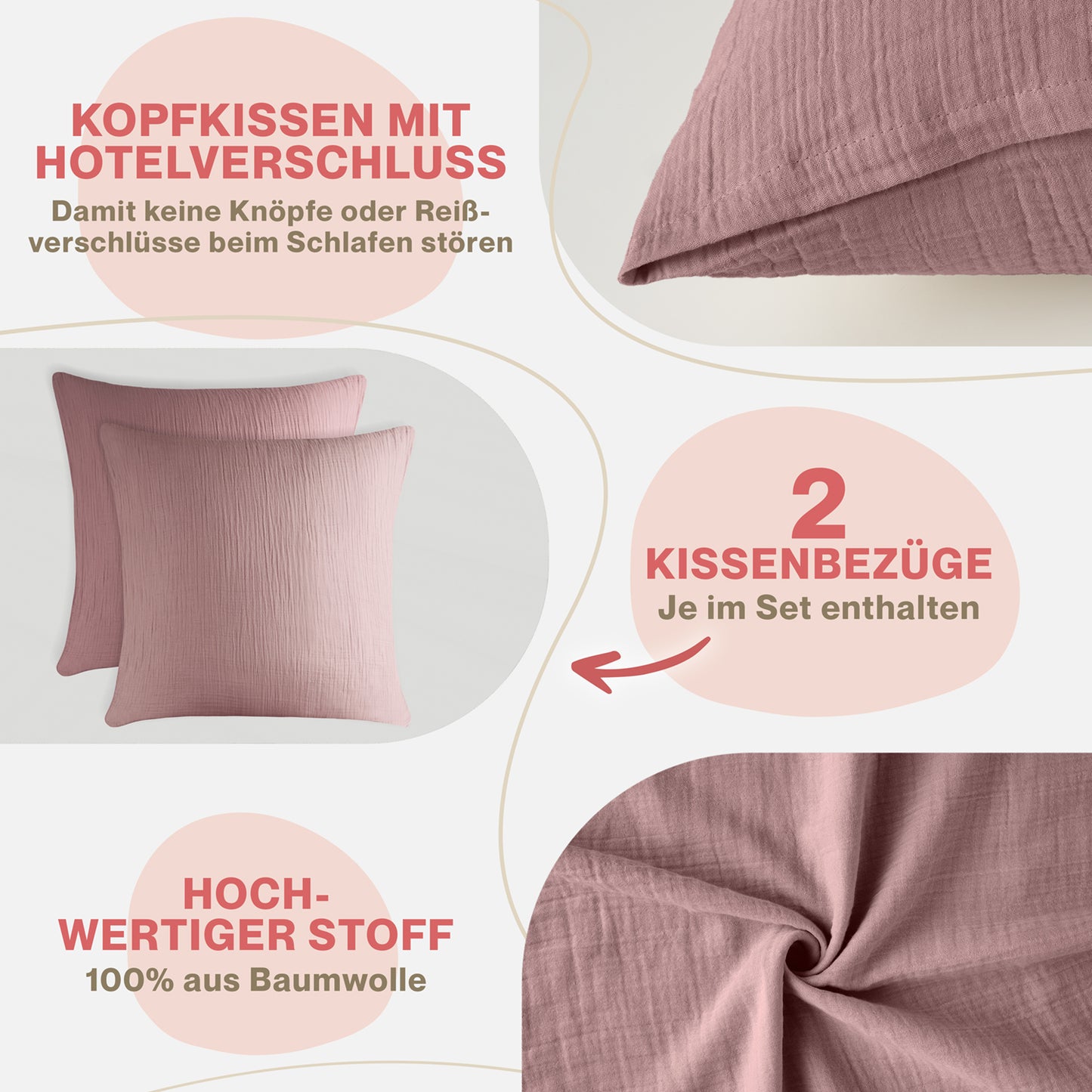 MUSSELIN KISSENBEZUG 2er Set aus 100% Baumwolle - Atmungsaktiv Extra Weich