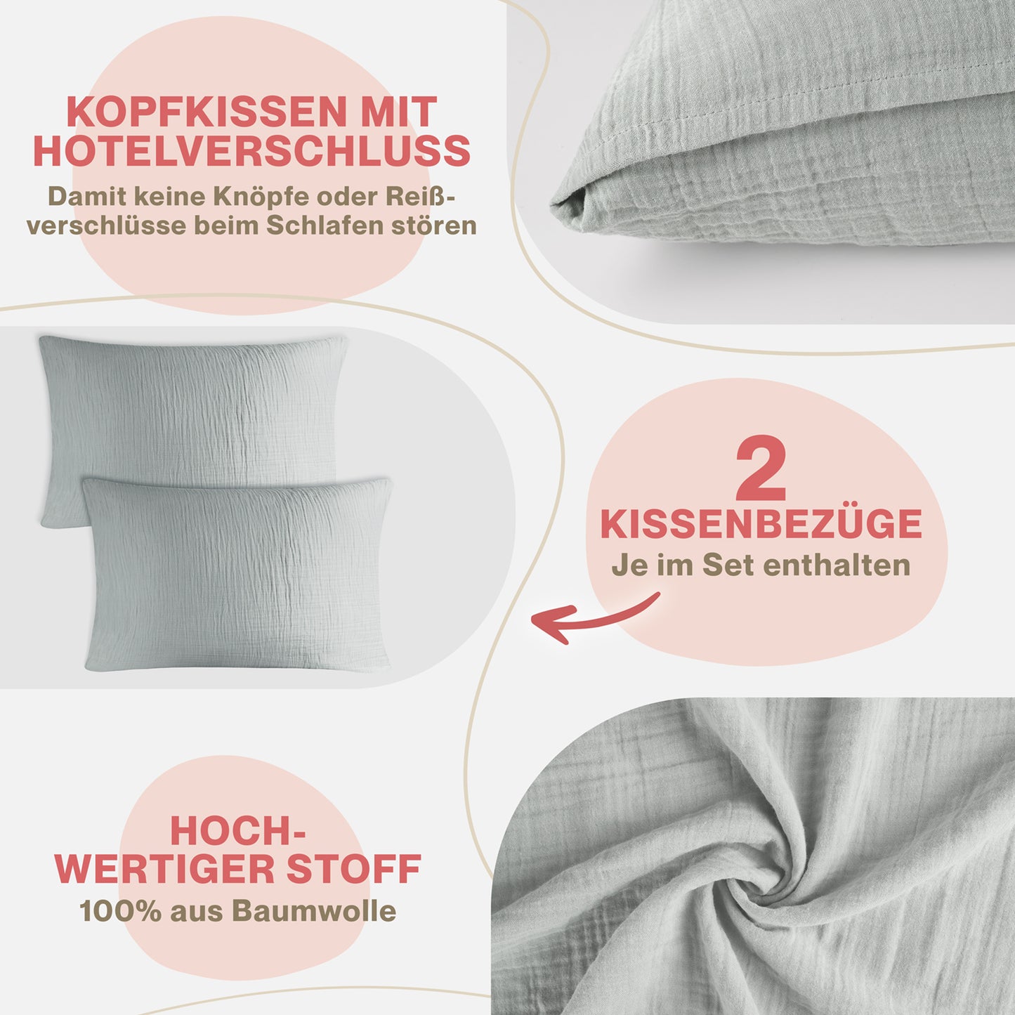 MUSSELIN KISSENBEZUG 2er Set aus 100% Baumwolle - Atmungsaktiv Extra Weich
