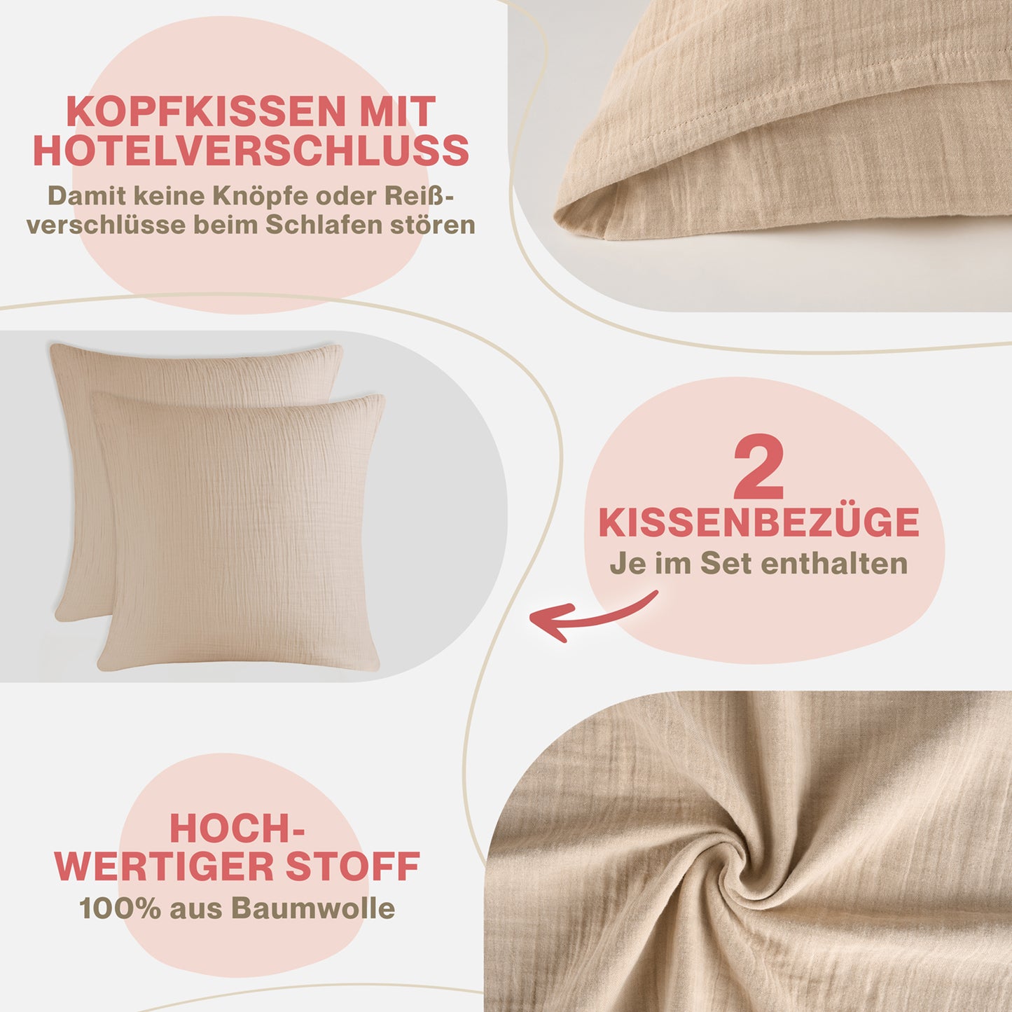 MUSSELIN KISSENBEZUG 2er Set aus 100% Baumwolle - Atmungsaktiv Extra Weich