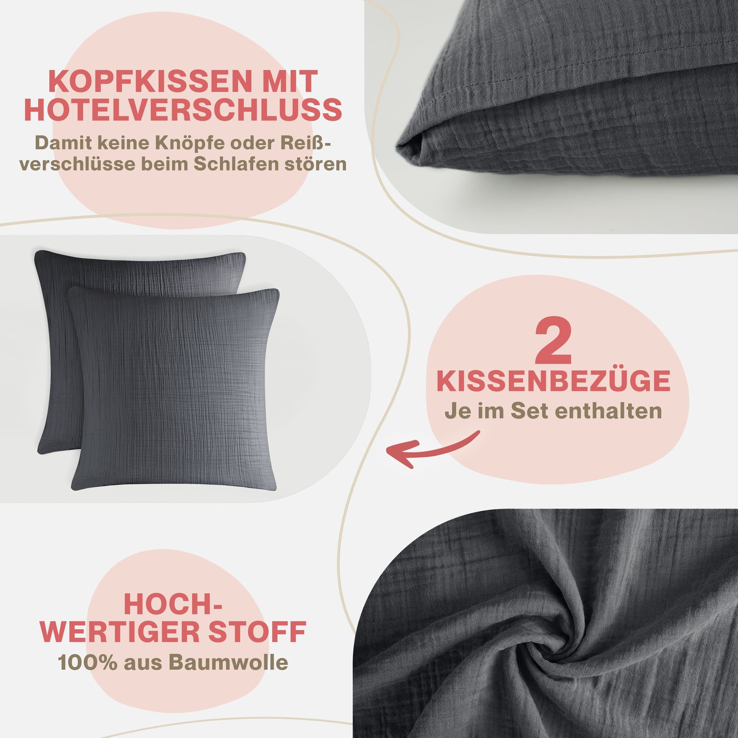 MUSSELIN KISSENBEZUG 2er Set aus 100% Baumwolle - Atmungsaktiv Extra Weich