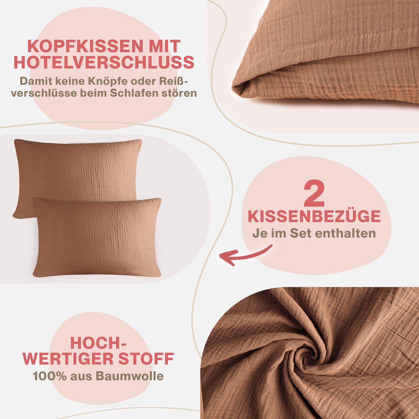 MUSSELIN KISSENBEZUG 2er Set aus 100% Baumwolle - Atmungsaktiv Extra Weich