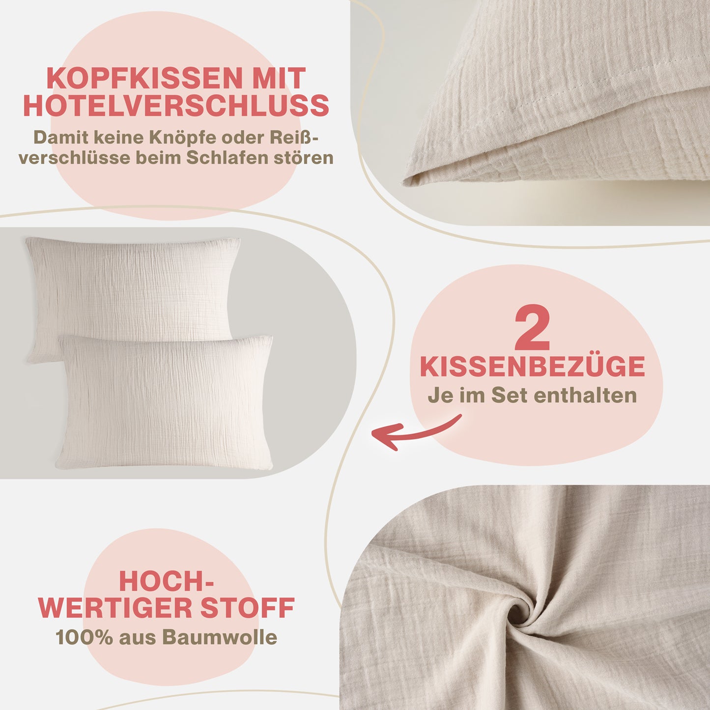 MUSSELIN KISSENBEZUG 2er Set aus 100% Baumwolle - Atmungsaktiv Extra Weich