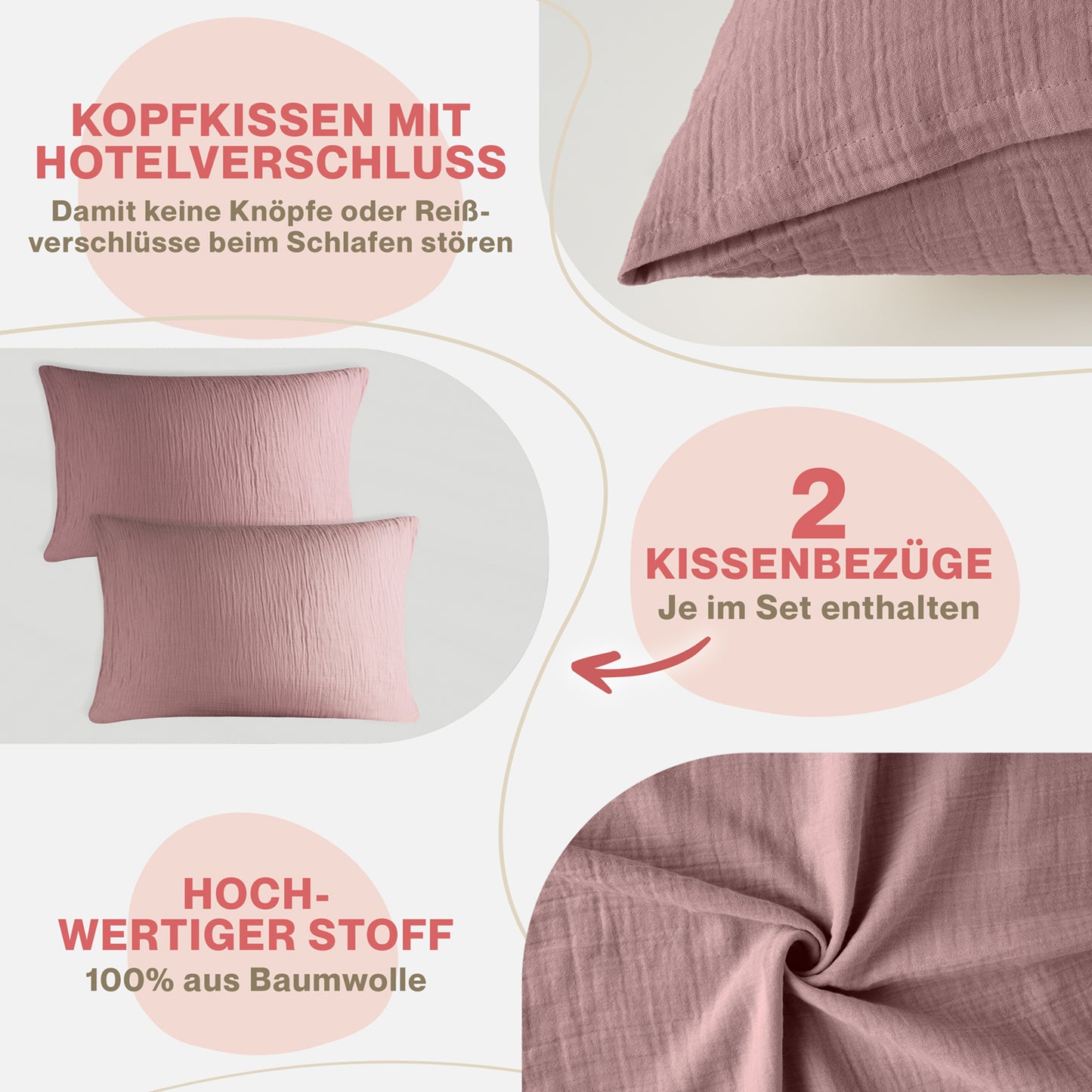 MUSSELIN KISSENBEZUG 2er Set aus 100% Baumwolle - Atmungsaktiv Extra Weich