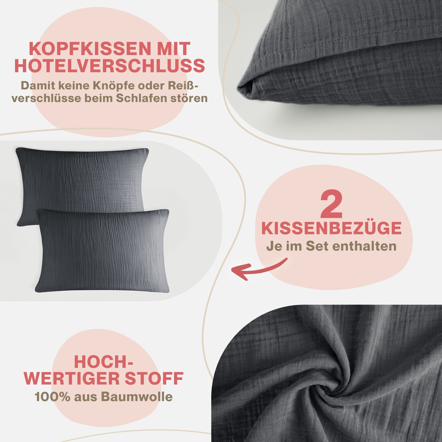 MUSSELIN KISSENBEZUG 2er Set aus 100% Baumwolle - Atmungsaktiv Extra Weich