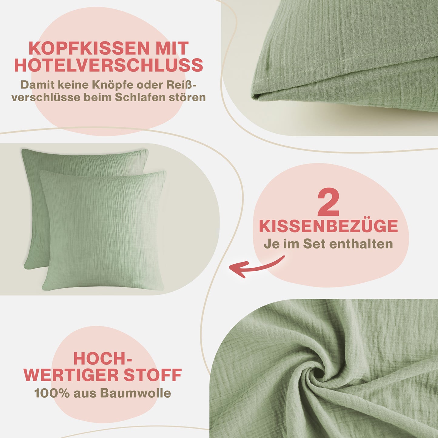 MUSSELIN KISSENBEZUG 2er Set aus 100% Baumwolle - Atmungsaktiv Extra Weich