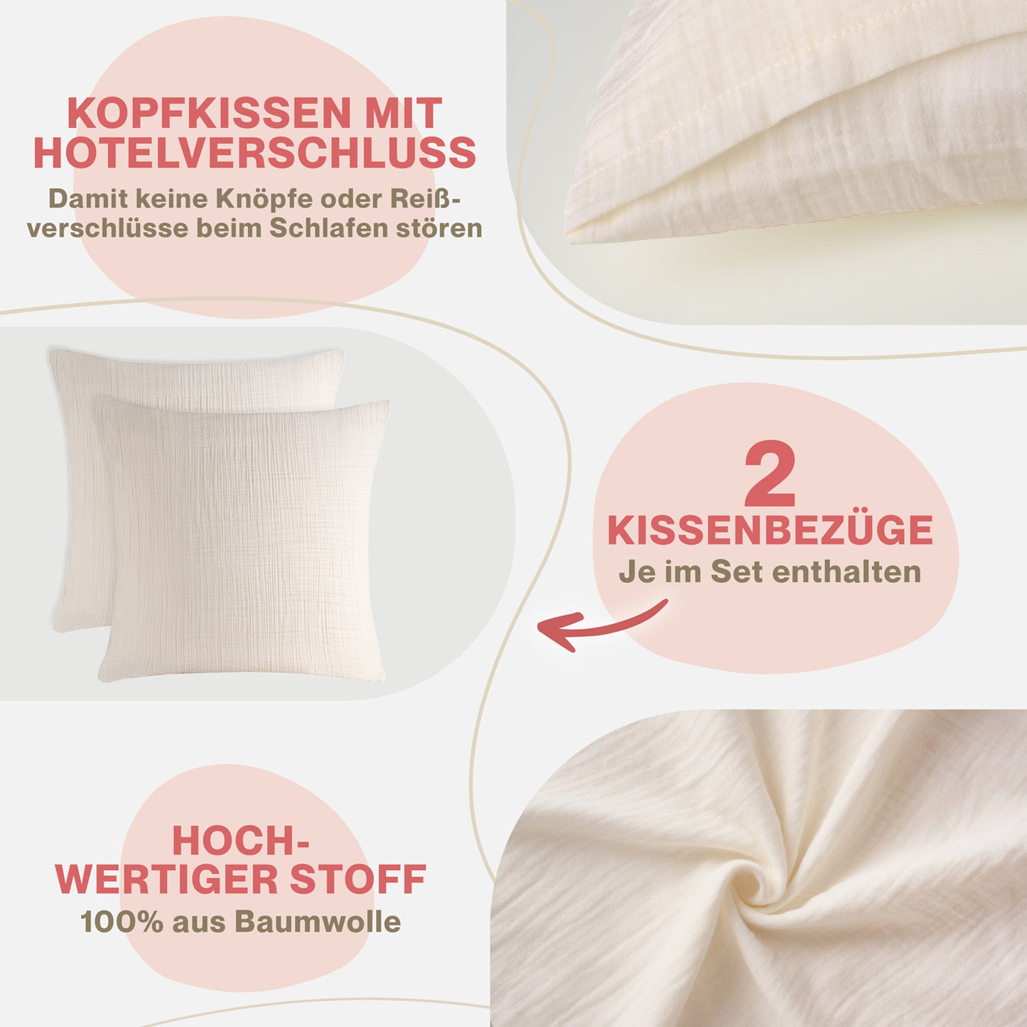 MUSSELIN KISSENBEZUG 2er Set aus 100% Baumwolle - Atmungsaktiv Extra Weich