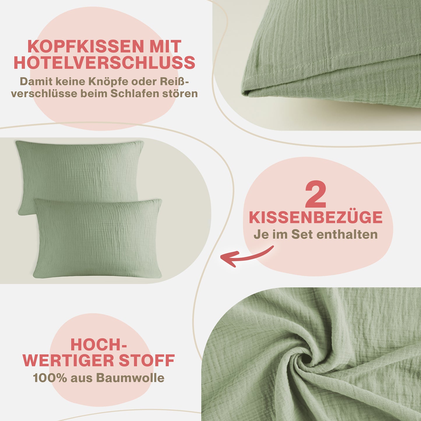 MUSSELIN KISSENBEZUG 2er Set aus 100% Baumwolle - Atmungsaktiv Extra Weich