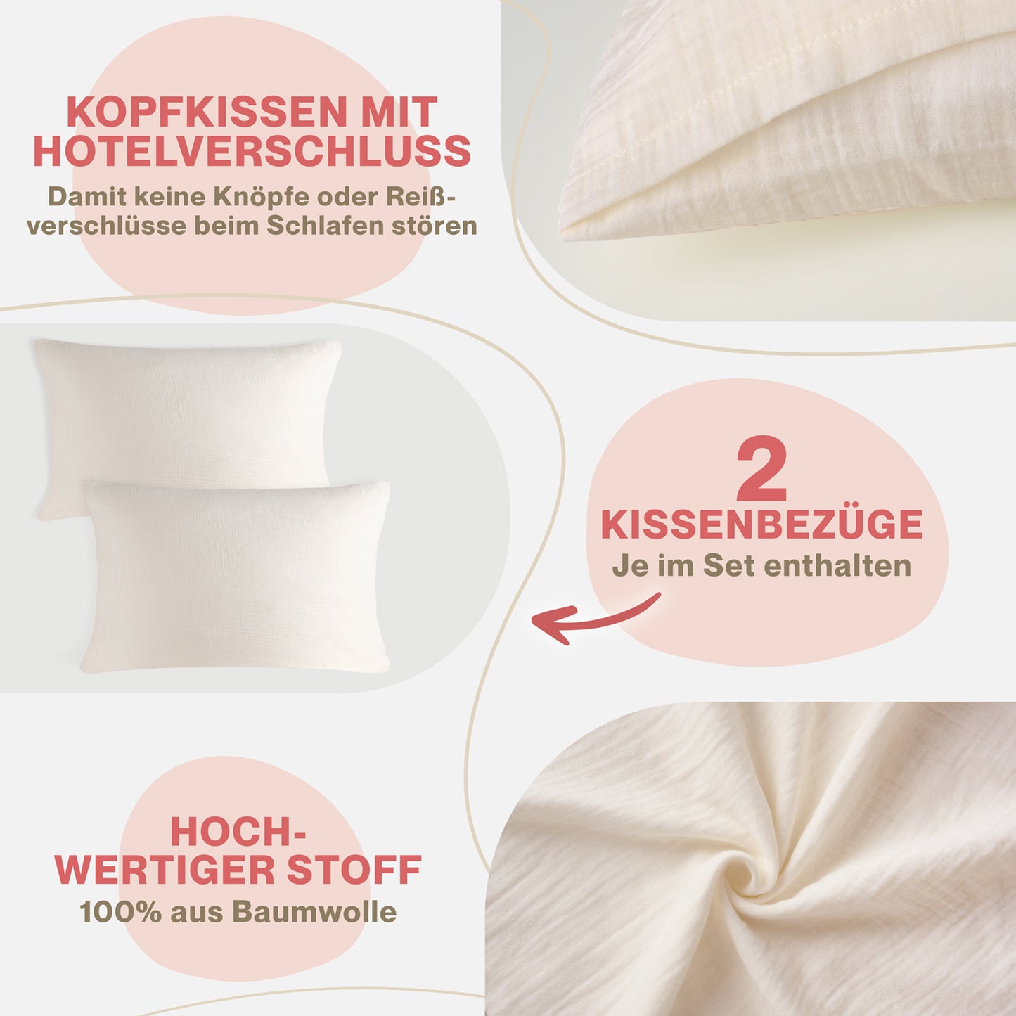 MUSSELIN KISSENBEZUG 2er Set aus 100% Baumwolle - Atmungsaktiv Extra Weich