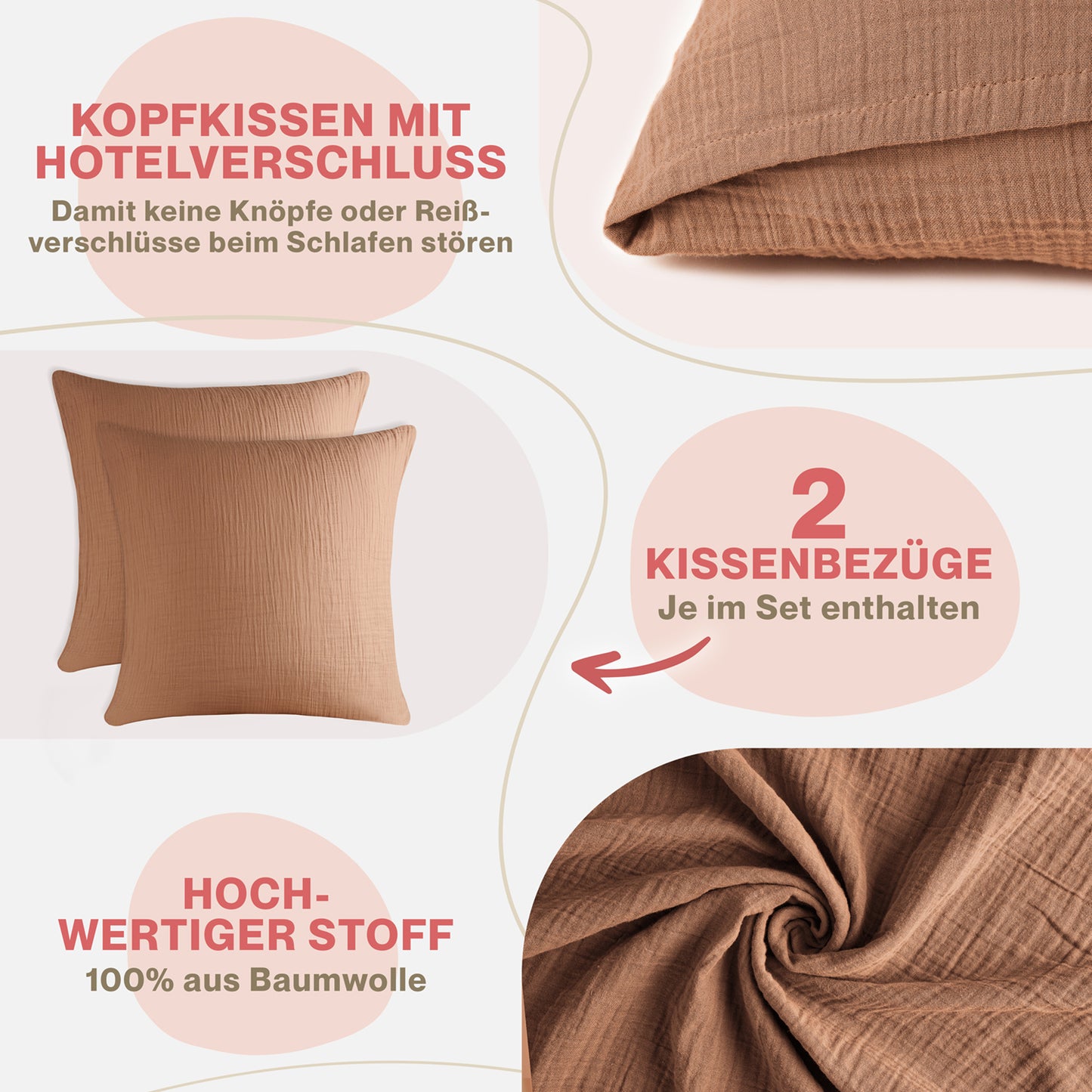 MUSSELIN KISSENBEZUG 2er Set aus 100% Baumwolle - Atmungsaktiv Extra Weich