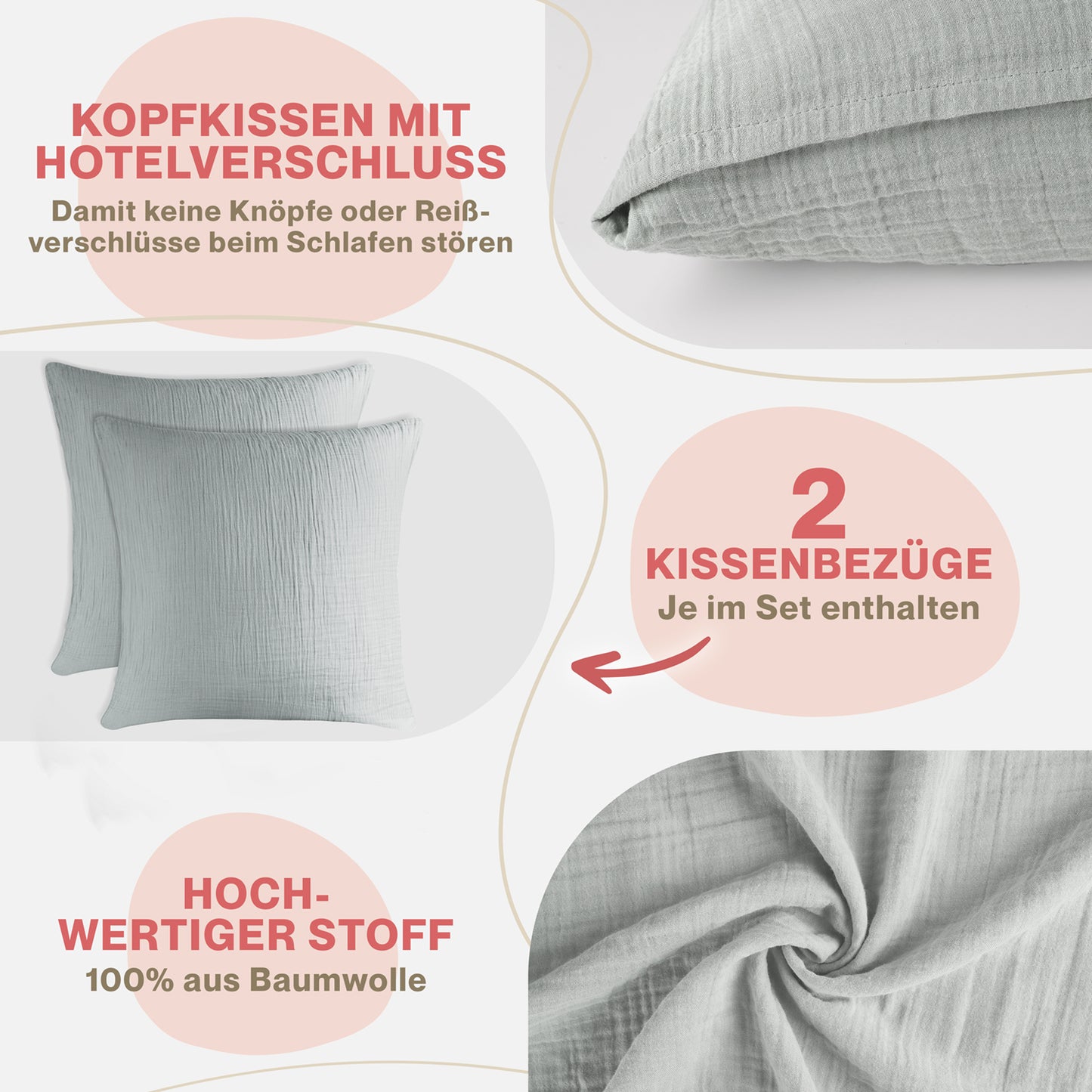 MUSSELIN KISSENBEZUG 2er Set aus 100% Baumwolle - Atmungsaktiv Extra Weich