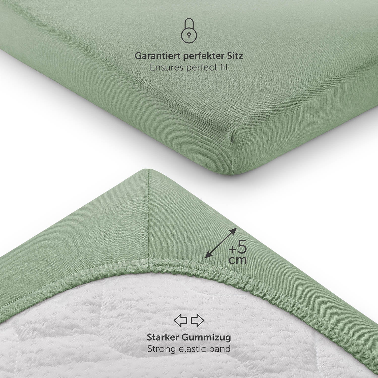 Detailansicht eines grünen Spannbettlakens das einen starken Gummizug und zusätzliche 5 cm Stoff für eine perfekte Passform zeigt.