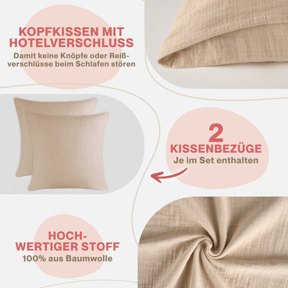 MUSSELIN KISSENBEZUG 2er Set aus 100% Baumwolle - Atmungsaktiv Extra Weich