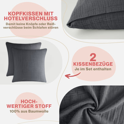 MUSSELIN KISSENBEZUG 2er Set aus 100% Baumwolle - Atmungsaktiv Extra Weich