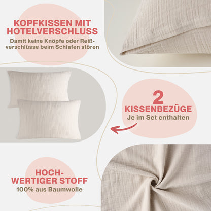 MUSSELIN KISSENBEZUG 2er Set aus 100% Baumwolle - Atmungsaktiv Extra Weich