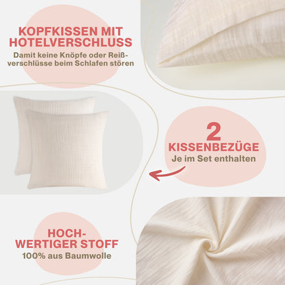 MUSSELIN KISSENBEZUG 2er Set aus 100% Baumwolle - Atmungsaktiv Extra Weich