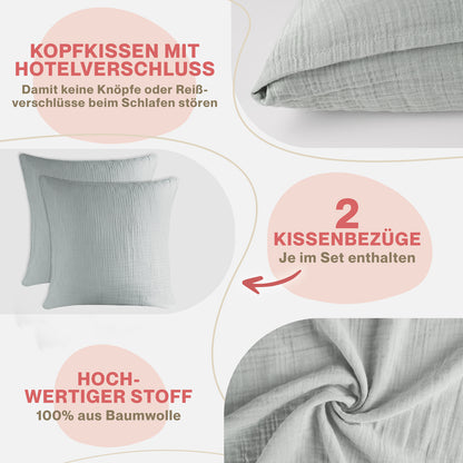 MUSSELIN KISSENBEZUG 2er Set aus 100% Baumwolle - Atmungsaktiv Extra Weich