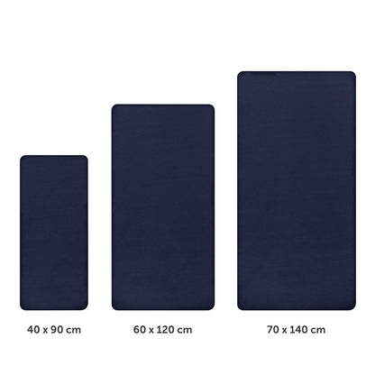 Drei unterschiedlich große blauen Spannbettlaken nebeneinander dargestellt mit Größenangaben 40x90 cm 60x120 cm und 70x140 cm