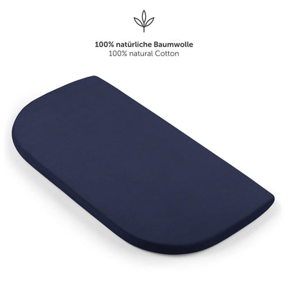Detailansicht eines dunkelblau Spannbetttuchs mit starkem Gummizug und Zusatz von 5 cm für perfekten Sitz.
