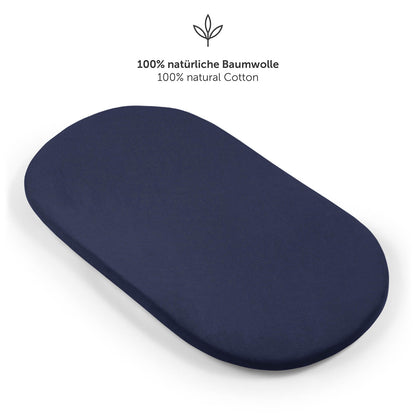 Detailansicht eines dunkelblau Spannbetttuchs mit starkem Gummizug und Zusatz von 5 cm für perfekten Sitz.