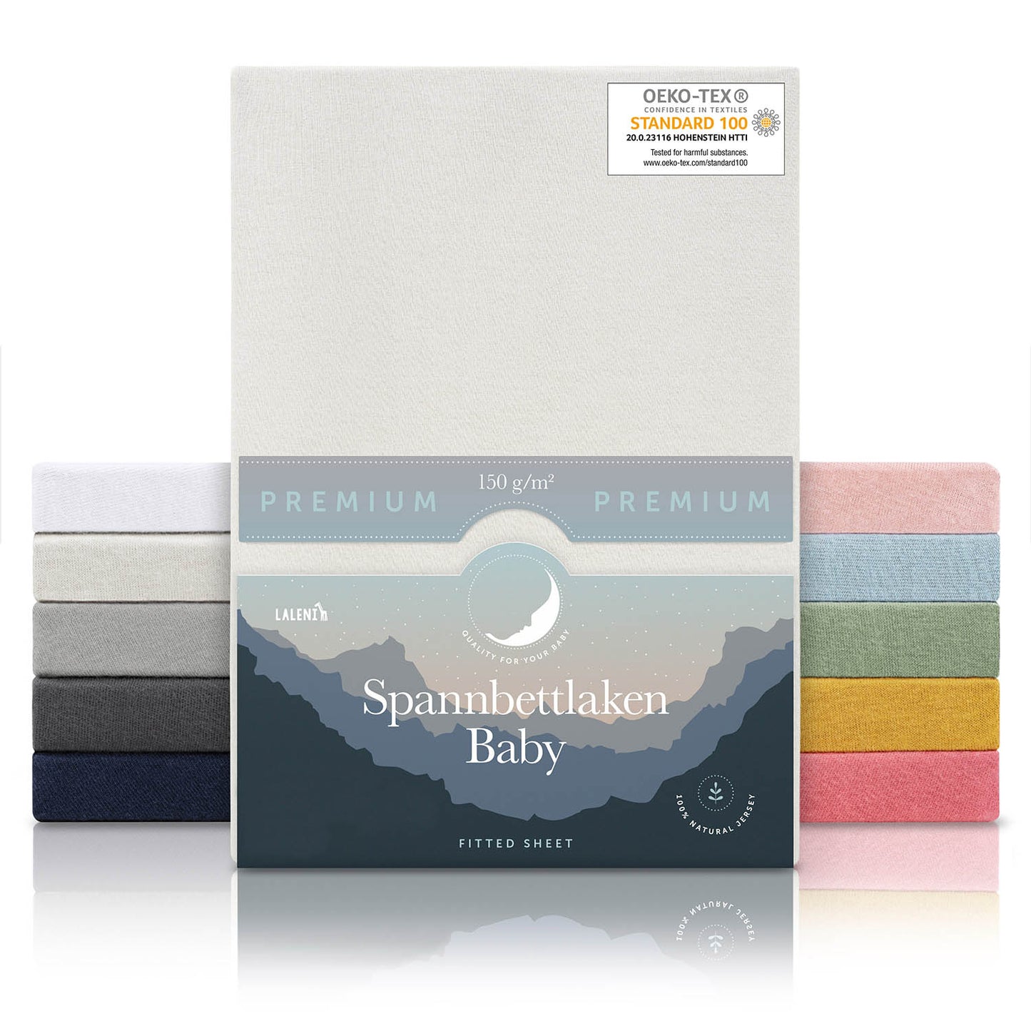 Verpackung von elfenbeinfarbenen Baby-Spannbettlaken mit OEKO-TEX Siegel und Angabe von 150 g/m² Qualität in verschiedenen Farben präsentiert