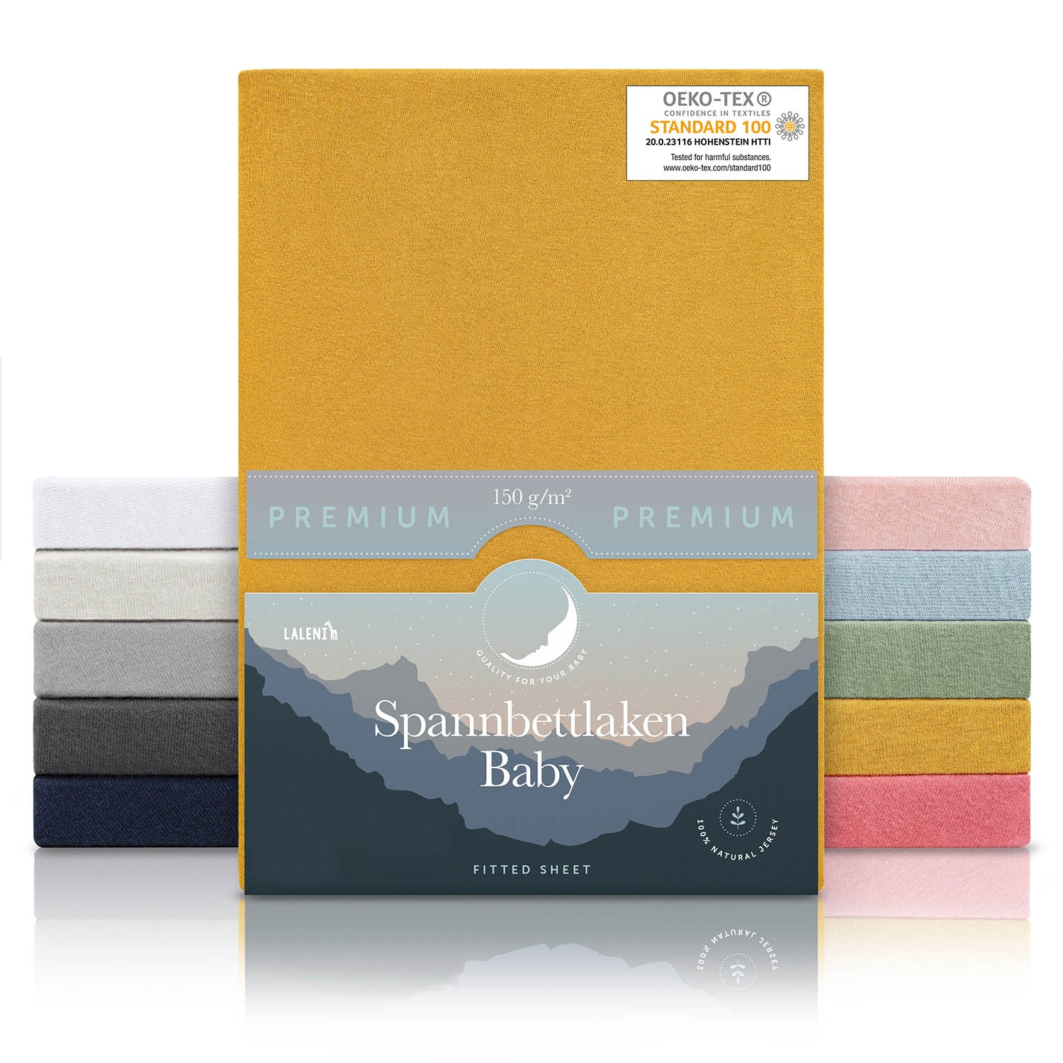 Verpackung von gelben Baby-Spannbettlaken mit OEKO-TEX Siegel und Angabe von 150 g/m² Qualität in verschiedenen Farben präsentiert