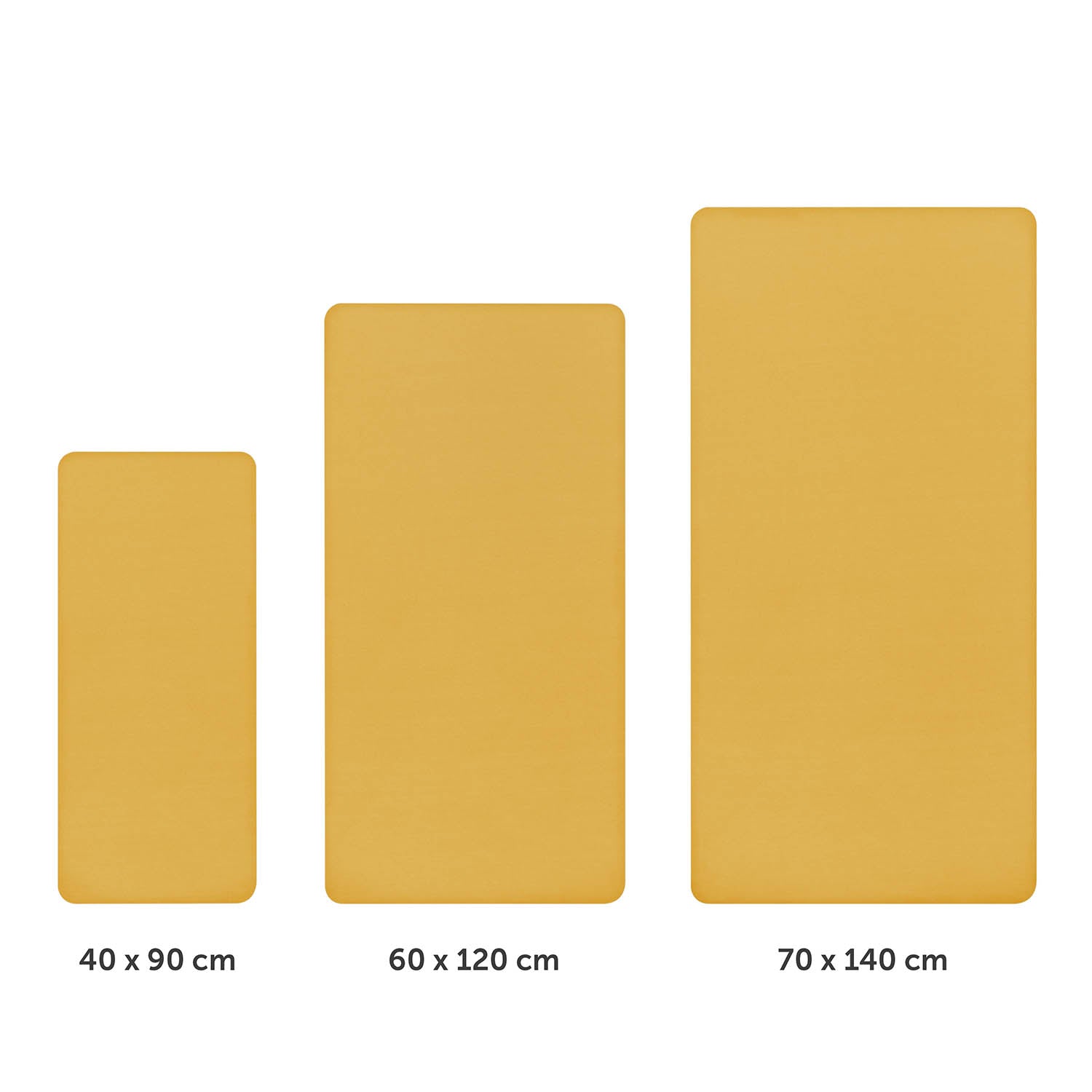 Drei unterschiedlich große gelbe Spannbettlaken nebeneinander dargestellt mit Größenangaben 40x90 cm 60x120 cm und 70x140 cm