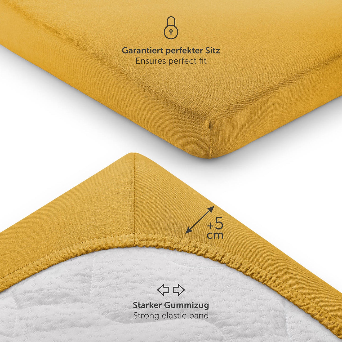 Detailansicht eines gelben Spannbettlakens mit Fokus auf den starken Gummizug und zusätzlichen 5 cm Höhe für perfekten Sitz