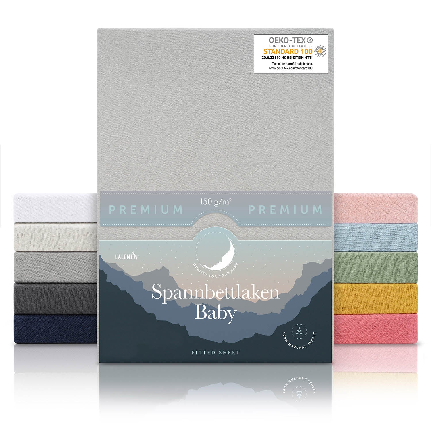 Verpackung von grauen Baby-Spannbettlaken mit OEKO-TEX Siegel und Angabe von 150 g/m² Qualität in verschiedenen Farben präsentiert