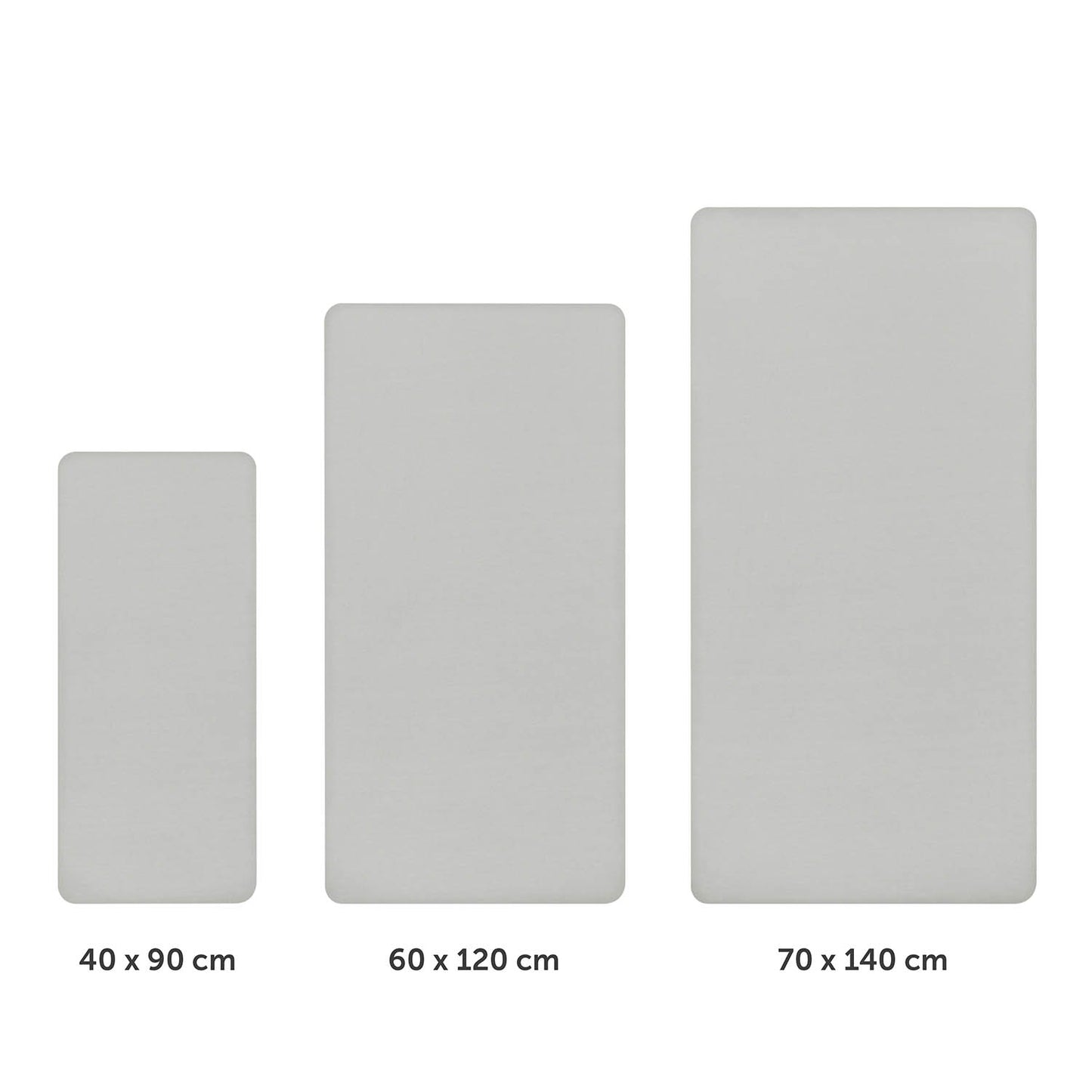 Drei unterschiedlich große graue Spannbettlaken nebeneinander dargestellt mit Größenangaben 40x90 cm 60x120 cm und 70x140 cm