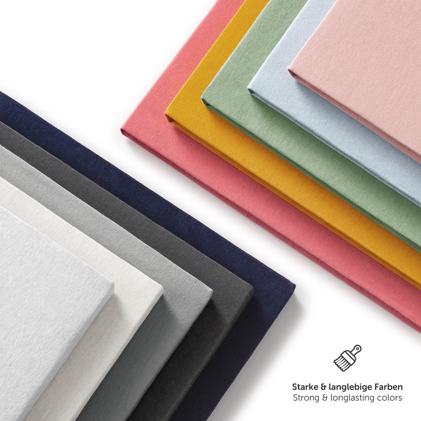Palette von Spannbettlaken in sechs verschiedenen Farben darunter grau mit Hinweis auf starke und langlebige Farben