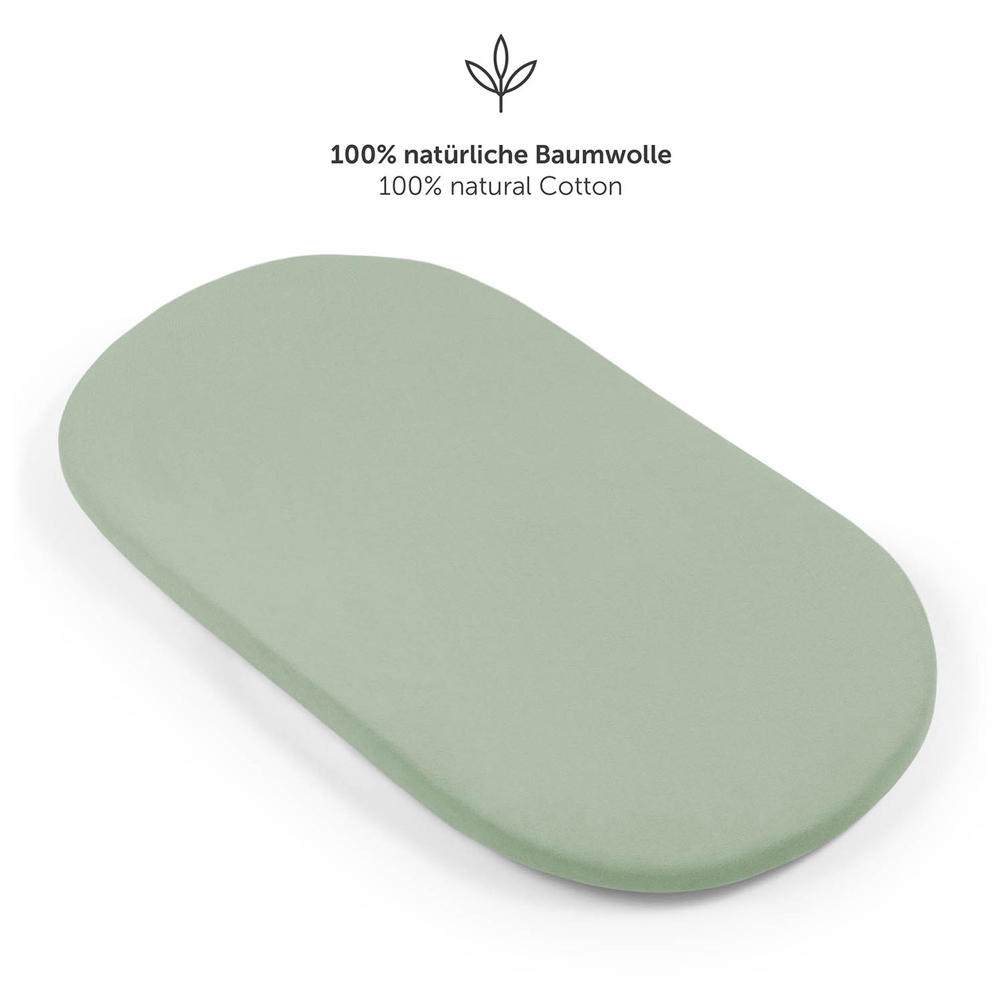 Detailansicht eines grün Spannbetttuchs mit starkem Gummizug und Zusatz von 5 cm für perfekten Sitz.