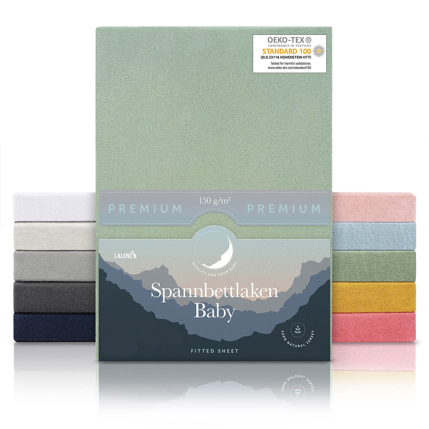 Verpackung von grünen Baby-Spannbettlaken mit OEKO-TEX Siegel und Angabe von 150 g/m² Qualität in verschiedenen Farben präsentiert