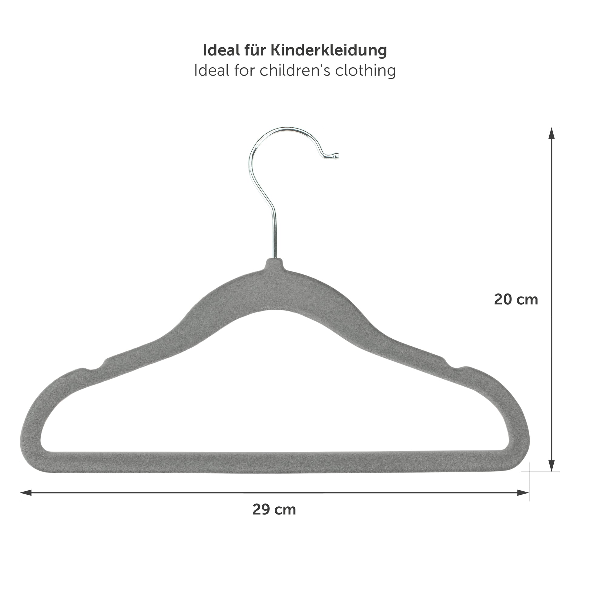 Maßangaben eines grauen Kinderkleiderbügels mit Abmessungen von 29 cm in der Breite und 20 cm in der Höhe