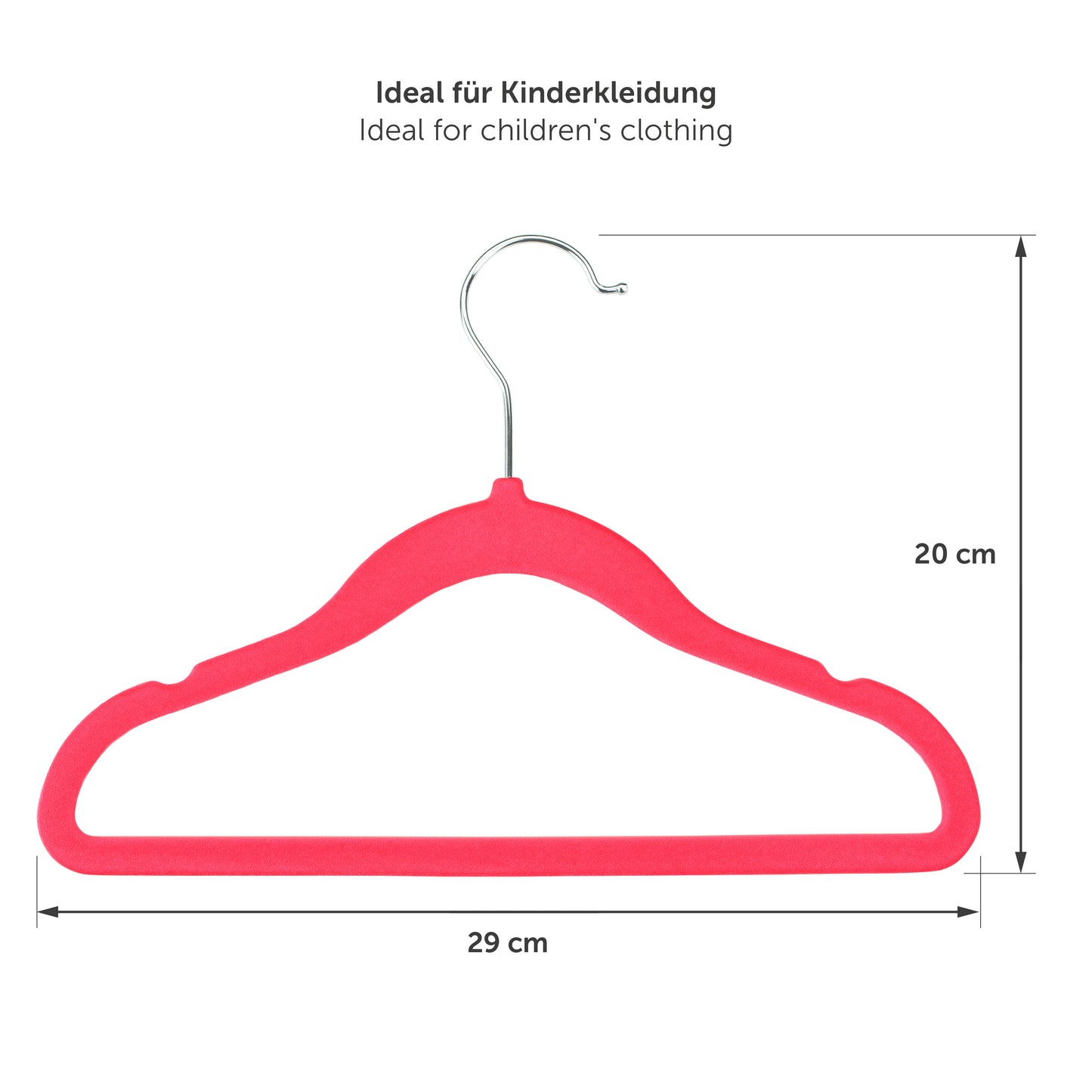 Maßangaben eines rosa Kinderkleiderbügels mit Abmessungen von 29 cm in der Breite und 20 cm in der Höhe