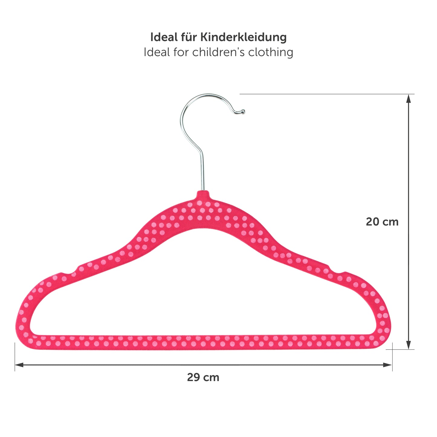 Maßangaben eines pinken Kinderkleiderbügels mit Abmessungen von 29 cm in der Breite und 20 cm in der Höhe
