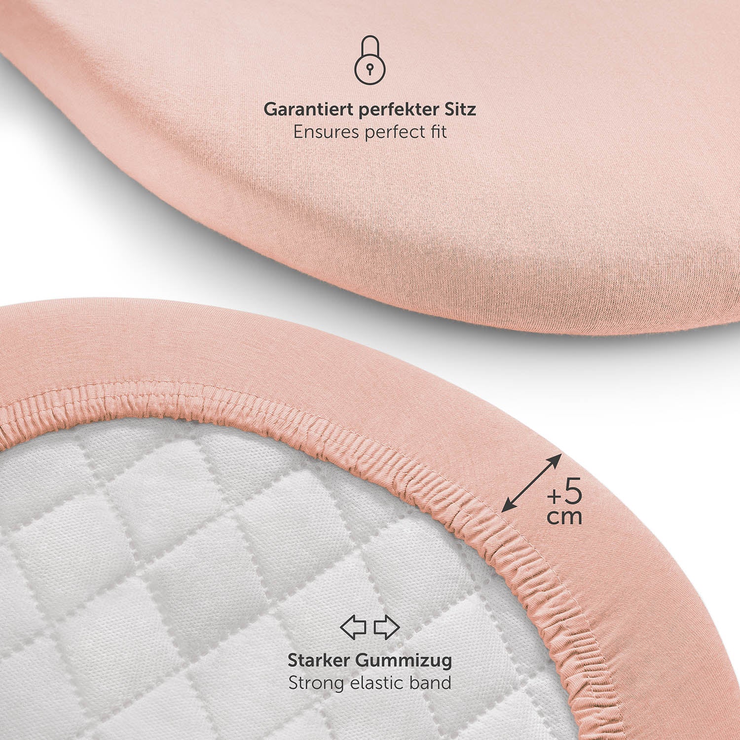 Produktverpackung für Premium Spannbetttücher in rosa Farben mit Öko-Tex Standard 100 Siegel.
