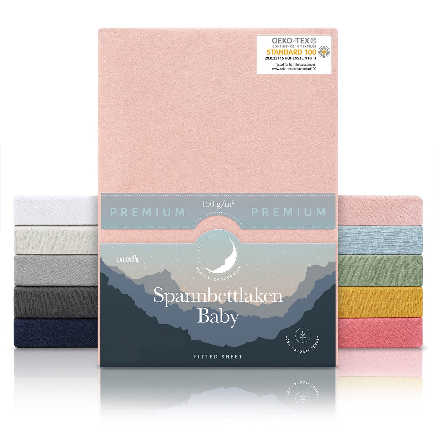 Verpackung von rose Baby-Spannbettlaken mit OEKO-TEX Siegel und Angabe von 150 g/m² Qualität in verschiedenen Farben präsentiert