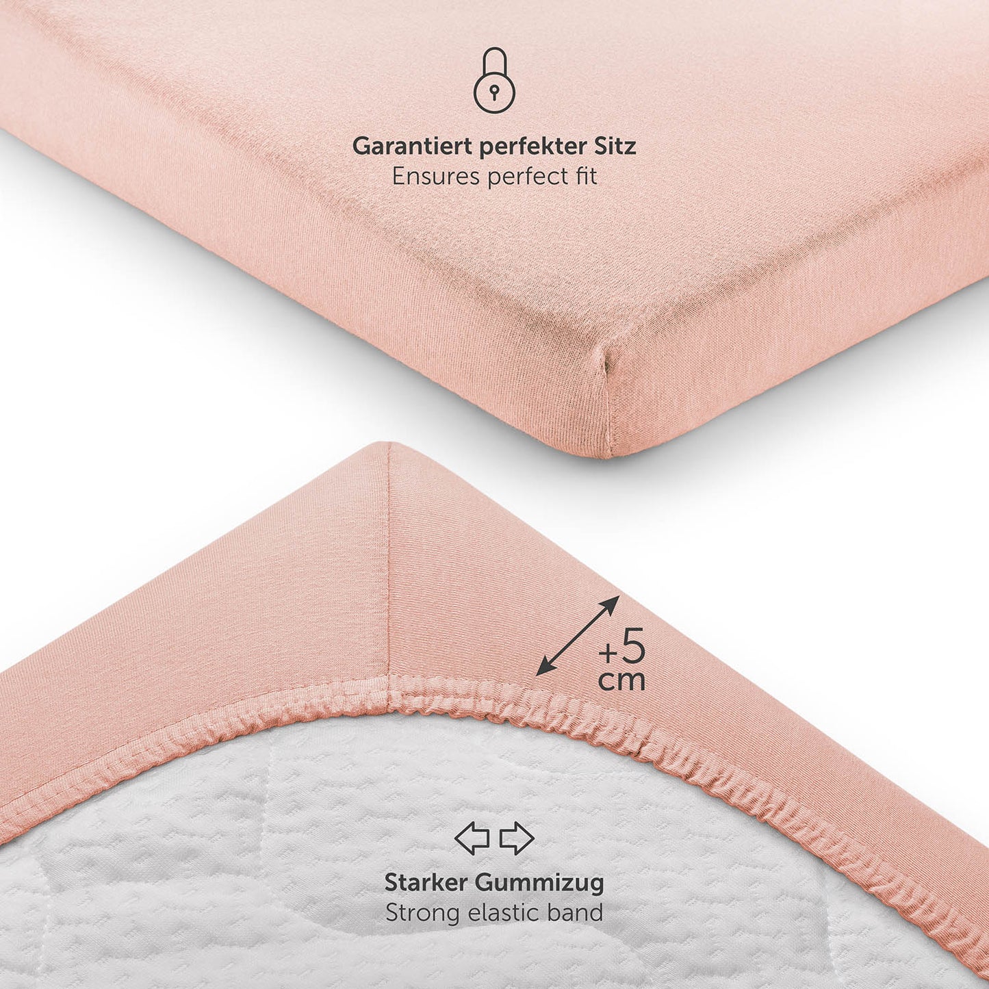Detailansicht eines rose Spannbettlakens mit Fokus auf den starken Gummizug und zusätzlichen 5 cm Höhe für perfekten Sitz