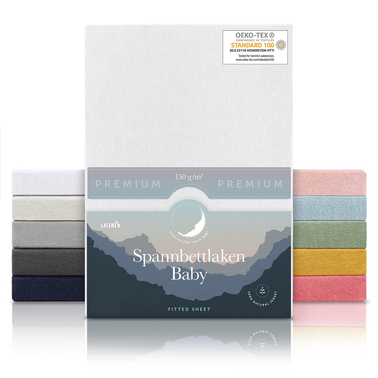 Verpackung von weißen Baby-Spannbettlaken mit OEKO-TEX Siegel und Angabe von 150 g/m² Qualität in verschiedenen Farben präsentiert