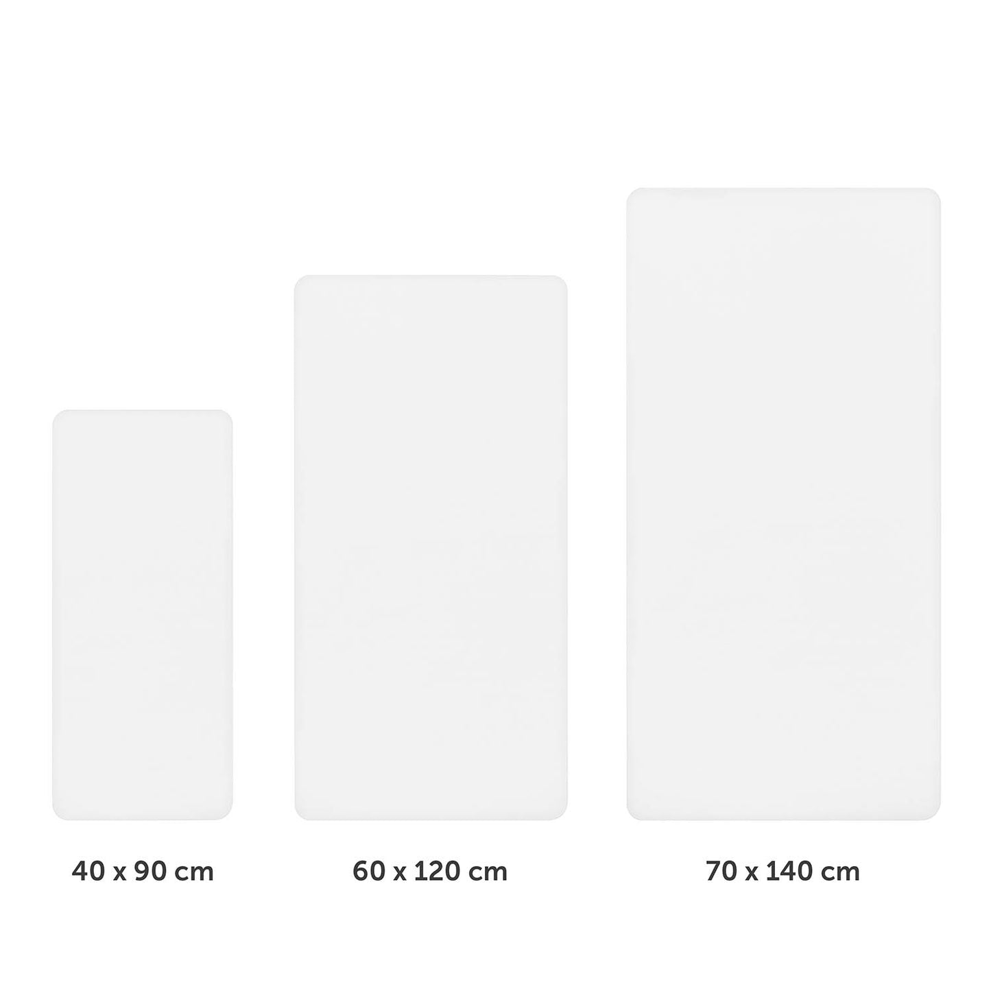 Drei unterschiedlich große weiße Spannbettlaken nebeneinander dargestellt mit Größenangaben 40x90 cm 60x120 cm und 70x140 cm