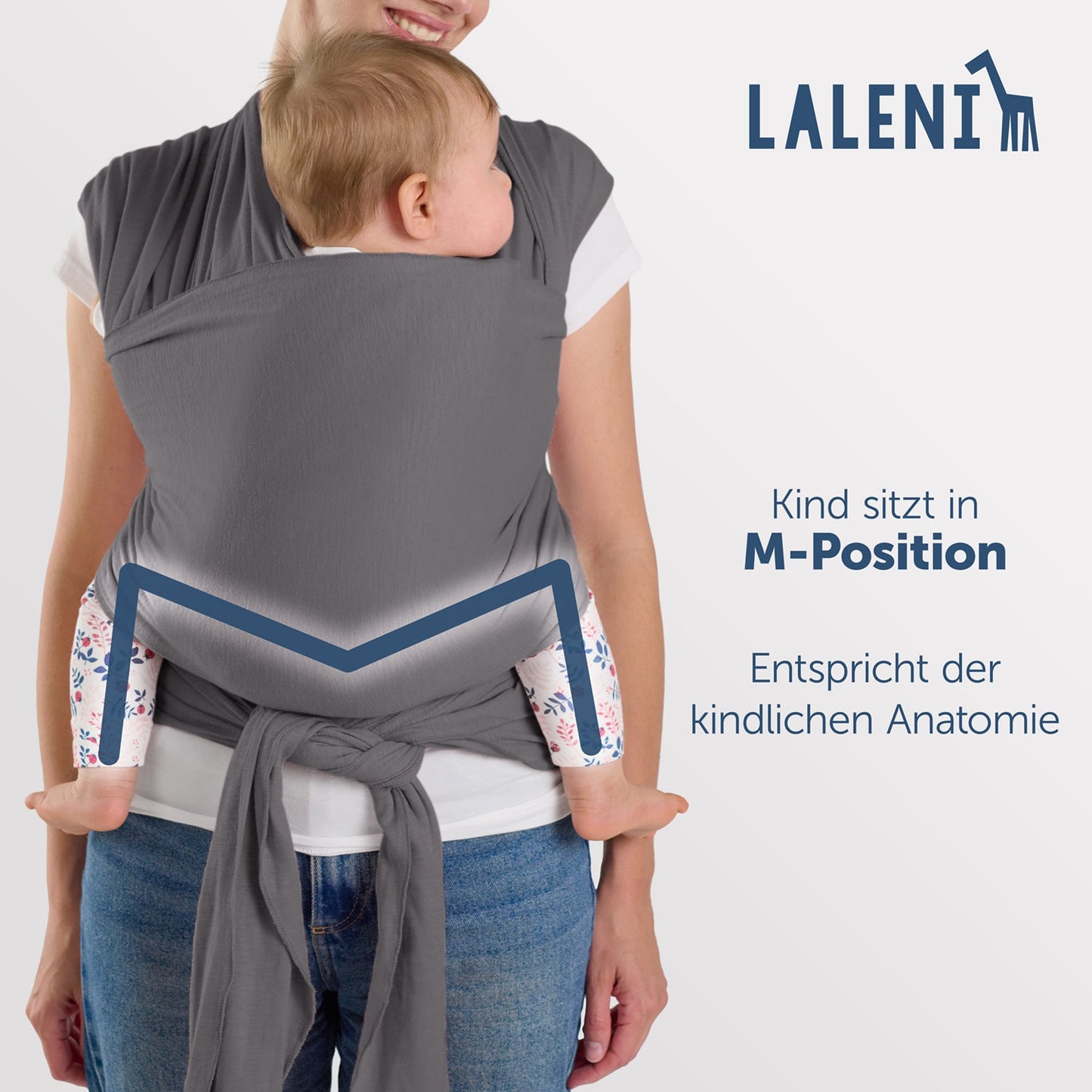 Rückenansicht einer Frau mit Baby in grauer Tragehilfe die M-Position und anatomische Korrektheit des Sitzes werden hervorgehoben.