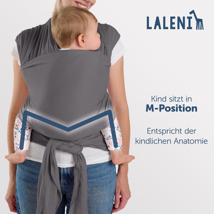 Rückenansicht einer Frau mit Baby in grauer Tragehilfe die M-Position und anatomische Korrektheit des Sitzes werden hervorgehoben.