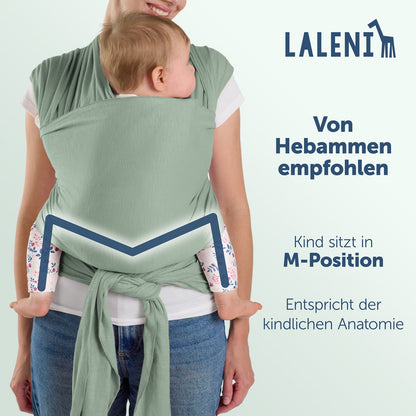 Rückenansicht einer Frau mit Baby in grüner Tragehilfe die M-Position und anatomische Korrektheit des Sitzes werden hervorgehoben.